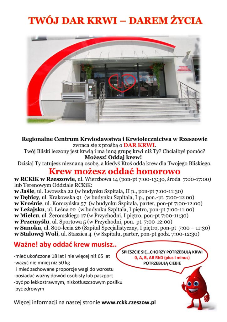 Apel Regionalnego Centrum Krwiodawstwa i Krwiolecznictwa w Rzeszowie o oddawanie krwi