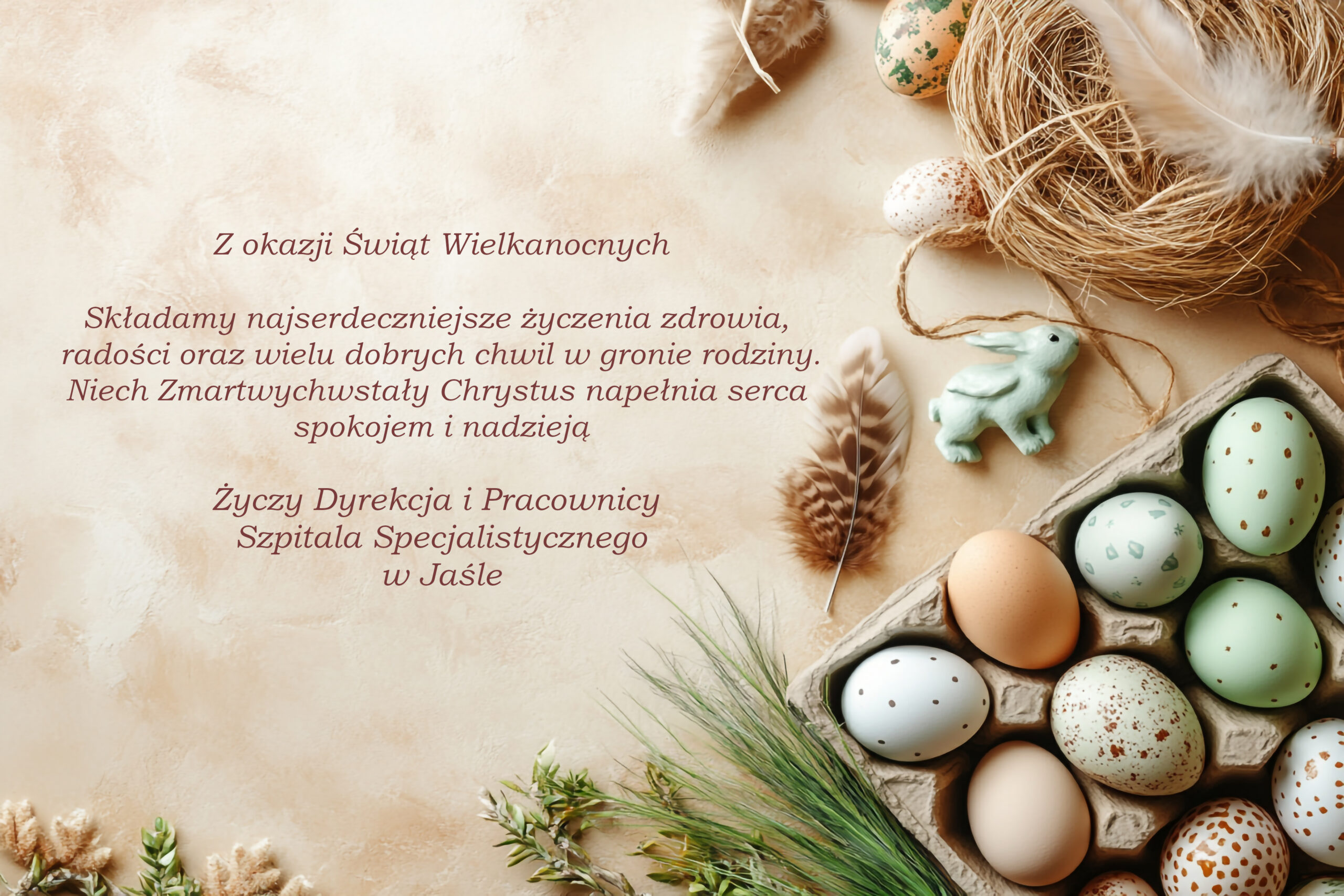 Z okazji Świąt Wielkanocnych składamy najserdeczniejsze życzenia zdrowia, radości oraz wielu dobrych chwil w gronie rodziny. Niech zmartwychwstały Chrystus napełnia serca spokojem i nadzieją. Życzy Dyrekcja i pracownicy Szpitala Specjalistycznego w Jaśle
