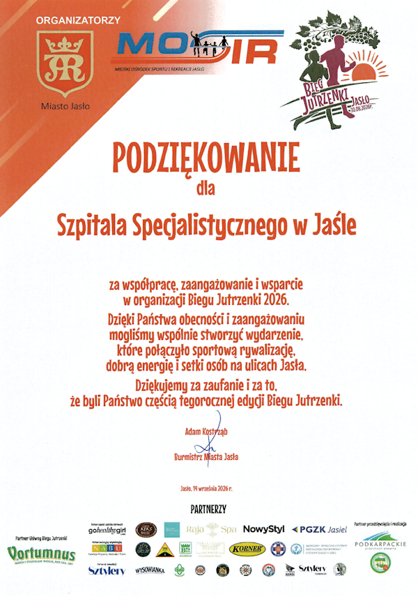 Podziękowania od organizatorów Biegu Jutrzenki 2026 dla Szpitala Specjalistycznego w Jaśle